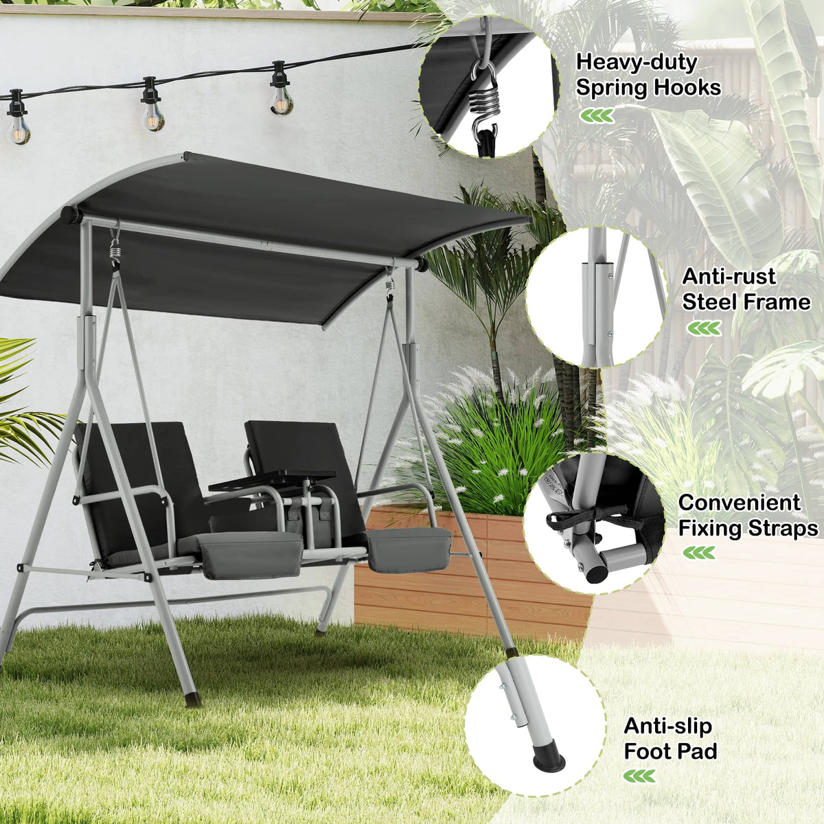 EROMMY 2-Person Outdoor Swing with Canopy, Storage Table, Cooler Bag & Cushions – Black