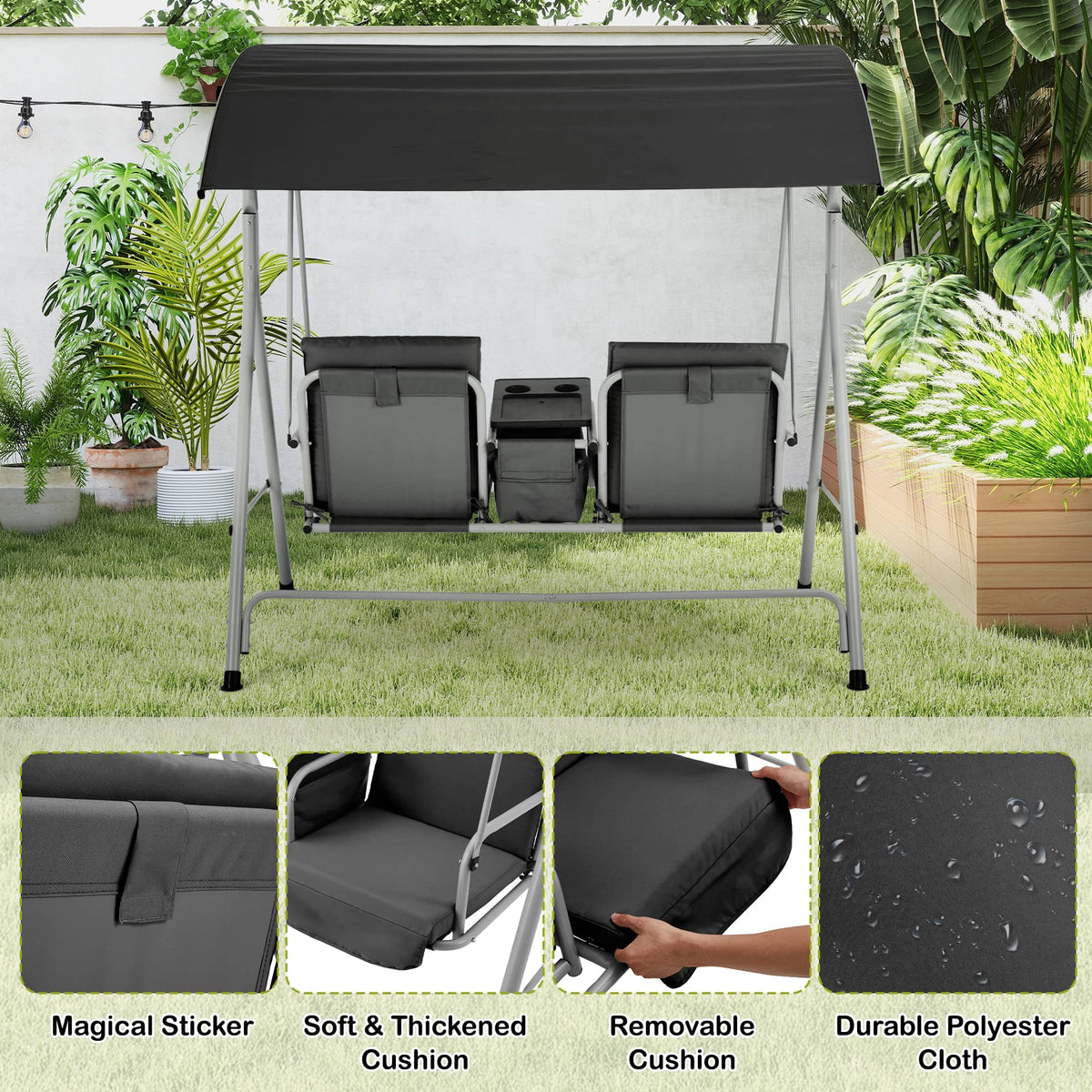 EROMMY 2-Person Outdoor Swing with Canopy, Storage Table, Cooler Bag & Cushions – Black