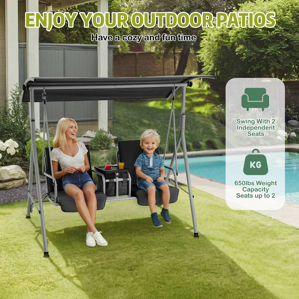 EROMMY 2-Person Outdoor Swing with Canopy, Storage Table, Cooler Bag & Cushions – Black