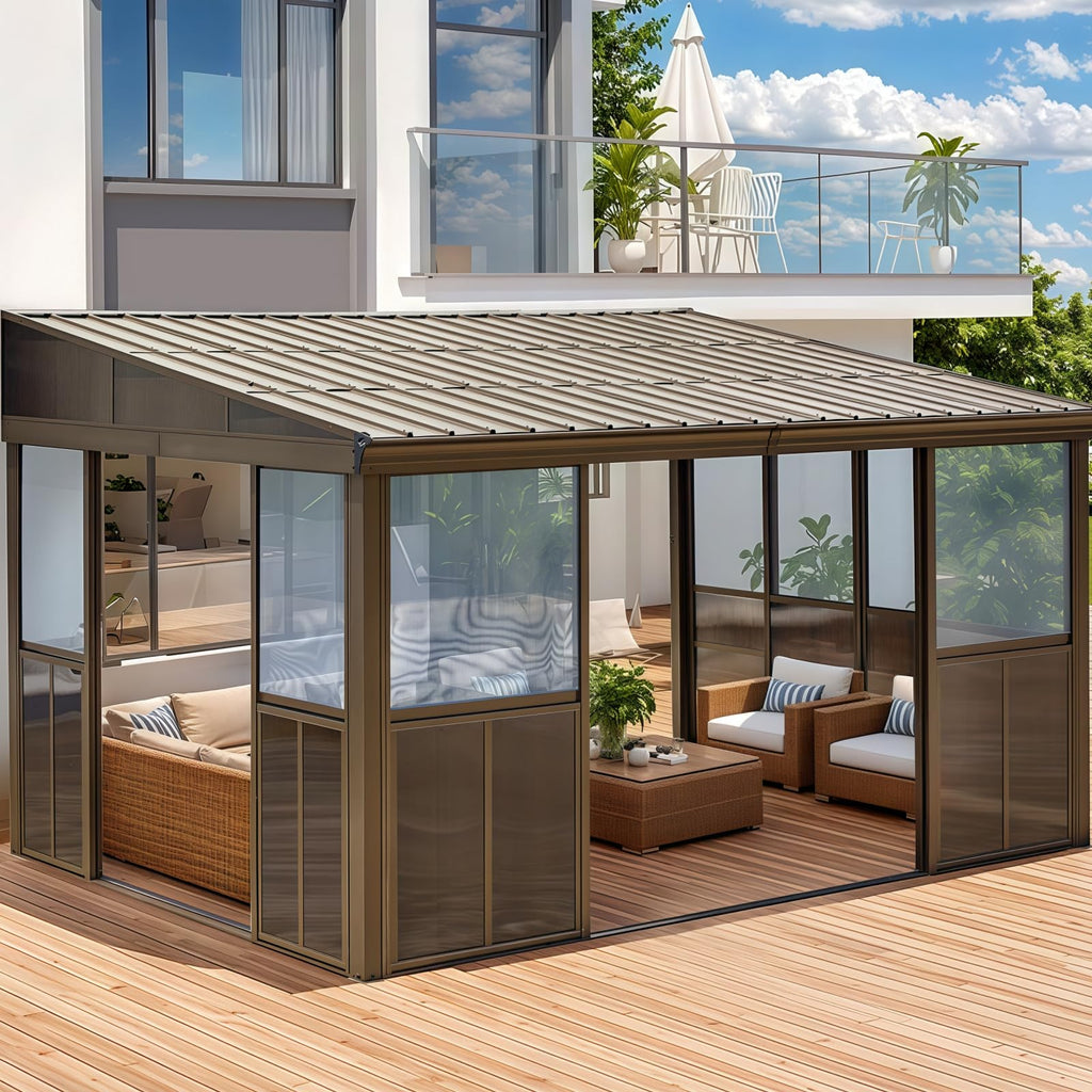 EROMMY 10 x 14FT Wall-Mounted Sunroom with Removable 3-Sided Doors & Aluminum Frame, All-Weather Sun Room with Galvanized Steel Roof, 6mm Thickened PC Screen