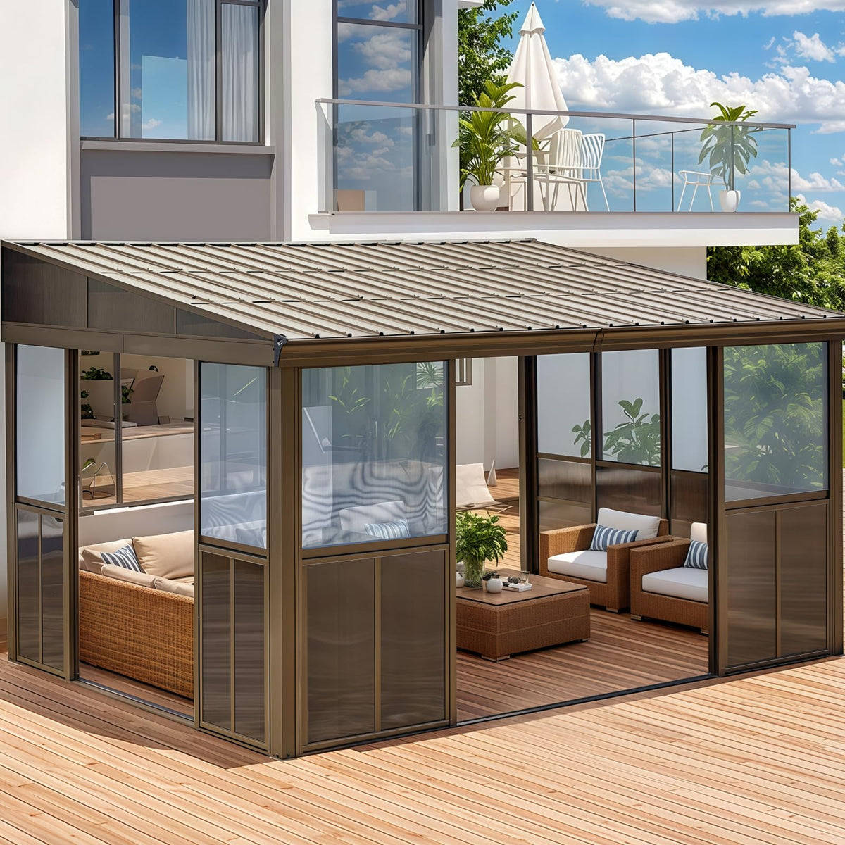 EROMMY 10 x 14FT Wall-Mounted Sunroom with Removable 3-Sided Doors & Aluminum Frame, All-Weather Sun Room with Galvanized Steel Roof, 6mm Thickened PC Screen