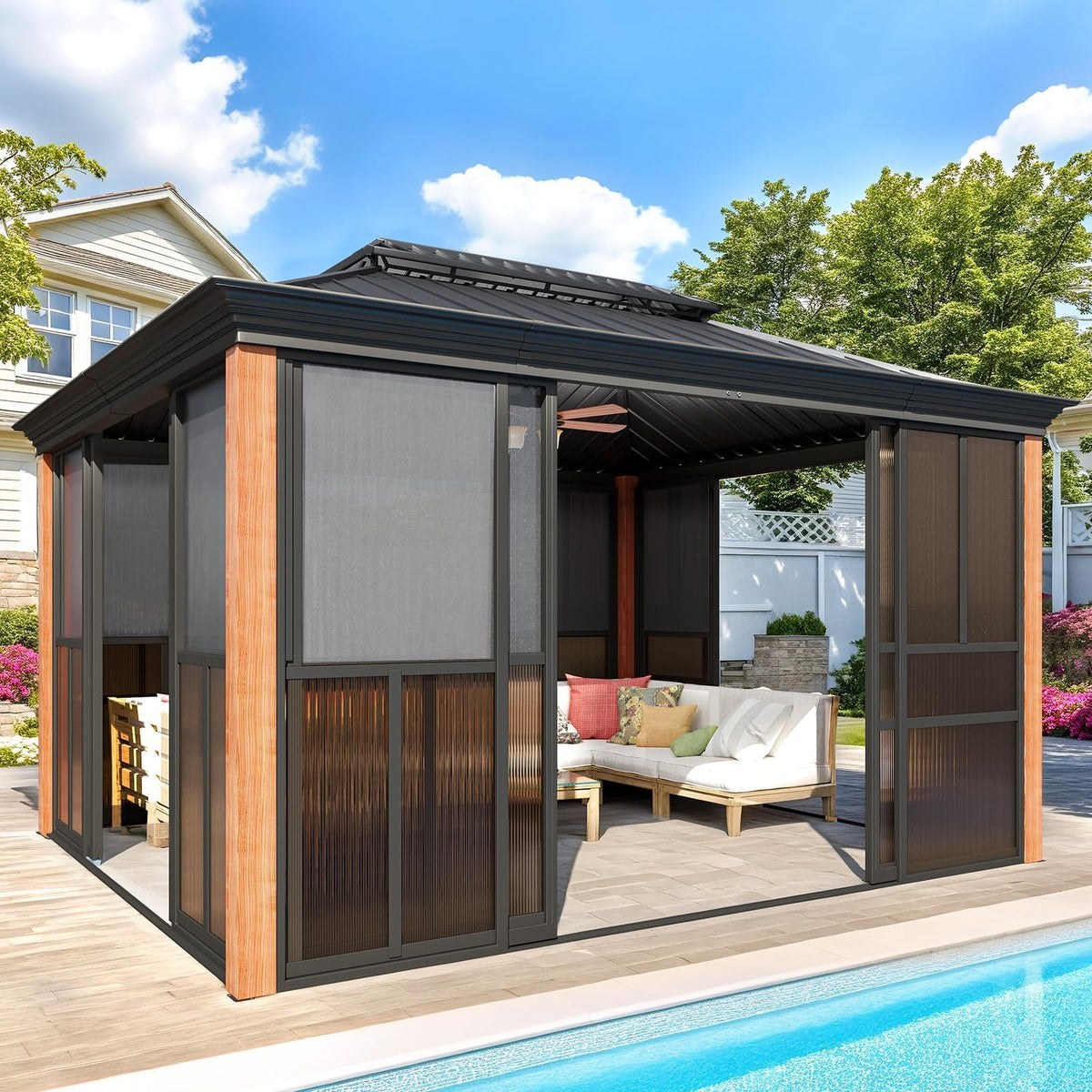 EROMMY 10'*12' Sunroom, with Front Door, Side Entrance, Galvanized Steel Double Top, Wood Grain Appearance, Aluminum Alloy Frame, Solarium Backyard Sun Room