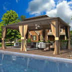EROMMY 12' x 18' Gazebo with Water Gutter Double Hardtop Roof Galvanized Steel Pavilion Aluminum Frame Permanent Brown