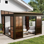 EROMMY 10x12 Lean-to Sunroom Gazebo, Enclosed Patio Shelter with Sliding Doors, Polycarbonate Roof and Brown-Tinted Panels, Aluminum Frame for Backyard