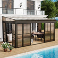 EROMMY 10x16 Lean-to Sunroom Gazebo, Enclosed Patio Shelter with Sliding Doors, Polycarbonate Roof and Brown-Tinted Panels, Aluminum Frame for Backyard