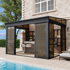 EROMMY 10x12 Lean-to Sunroom Gazebo, Enclosed Patio Shelter with Sliding Doors, Polycarbonate Roof and Gray-Tinted Panels, Aluminum Frame for Backyard