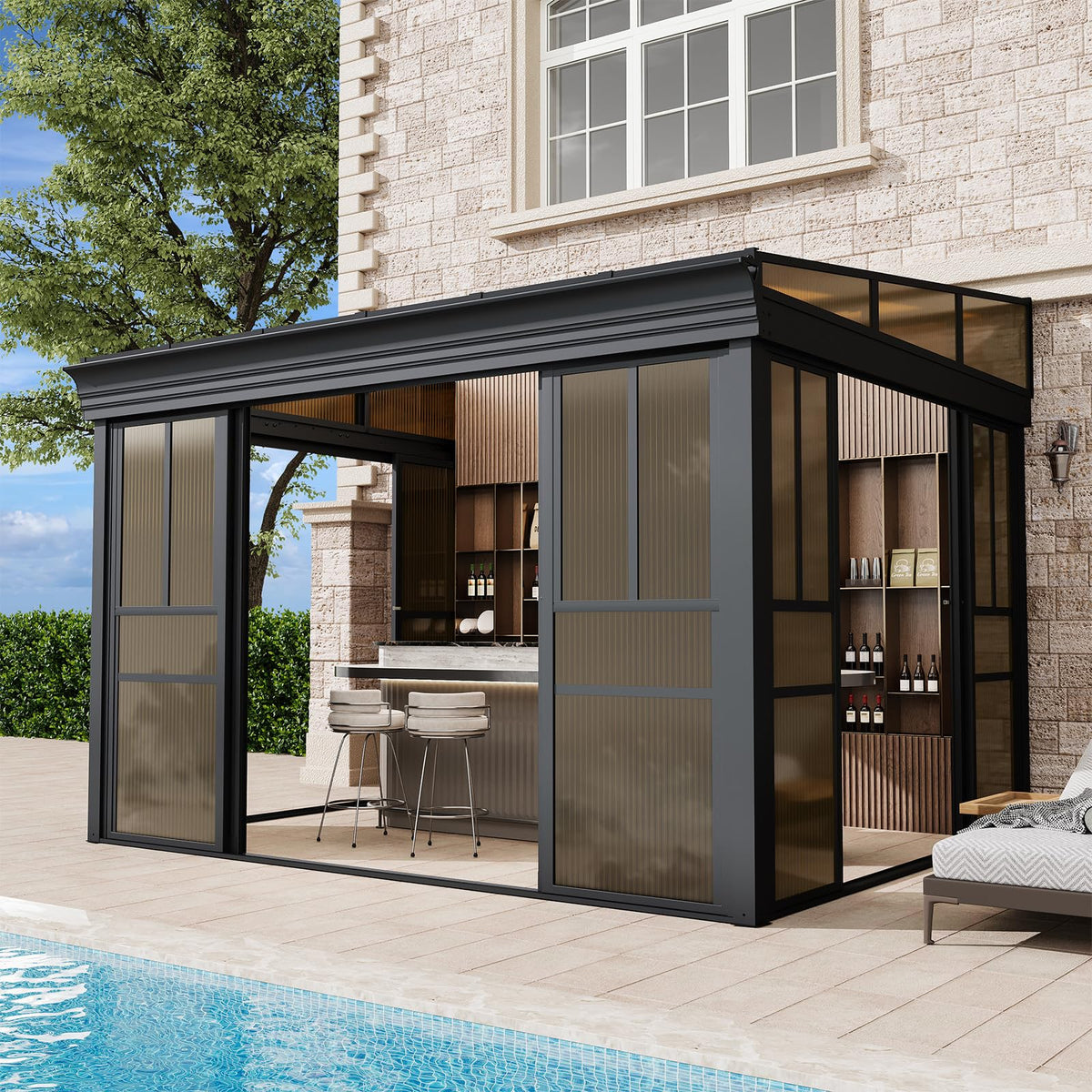 EROMMY 10x12 Lean-to Sunroom Gazebo, Enclosed Patio Shelter with Sliding Doors, Polycarbonate Roof and Gray-Tinted Panels, Aluminum Frame for Backyard