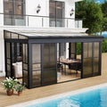 EROMMY 10x16 Lean-to Sunroom Gazebo, Enclosed Patio Shelter with Sliding Doors, Polycarbonate Roof and Gray-Tinted Panels, Aluminum Frame for Backyard