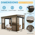 EROMMY 10x12 Lean-to Sunroom Gazebo, Enclosed Patio Shelter with Sliding Doors, Polycarbonate Roof and Brown-Tinted Panels, Aluminum Frame for Backyard
