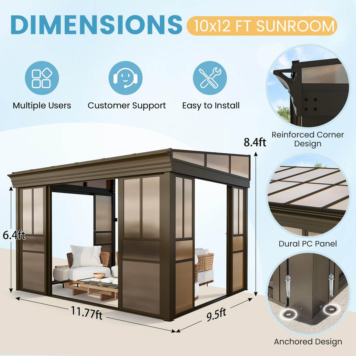 EROMMY 10x12 Lean-to Sunroom Gazebo, Enclosed Patio Shelter with Sliding Doors, Polycarbonate Roof and Brown-Tinted Panels, Aluminum Frame for Backyard