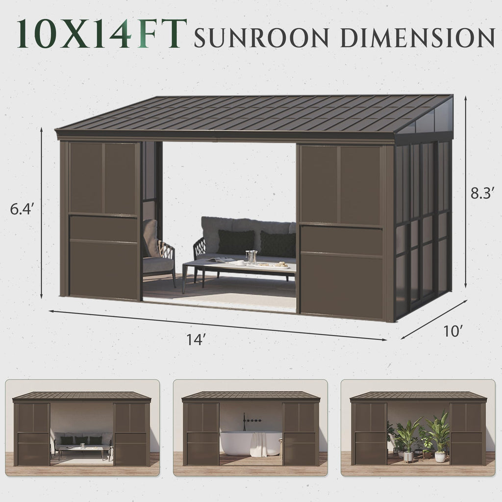 EROMMY 10 x 14FT Wall-Mounted Sunroom with Removable 3-Sided Doors & Aluminum Frame, All-Weather Sun Room with Galvanized Steel Roof, 6mm Thickened PC Screen