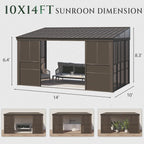 EROMMY 10 x 14FT Wall-Mounted Sunroom with Removable 3-Sided Doors & Aluminum Frame, All-Weather Sun Room with Galvanized Steel Roof, 6mm Thickened PC Screen