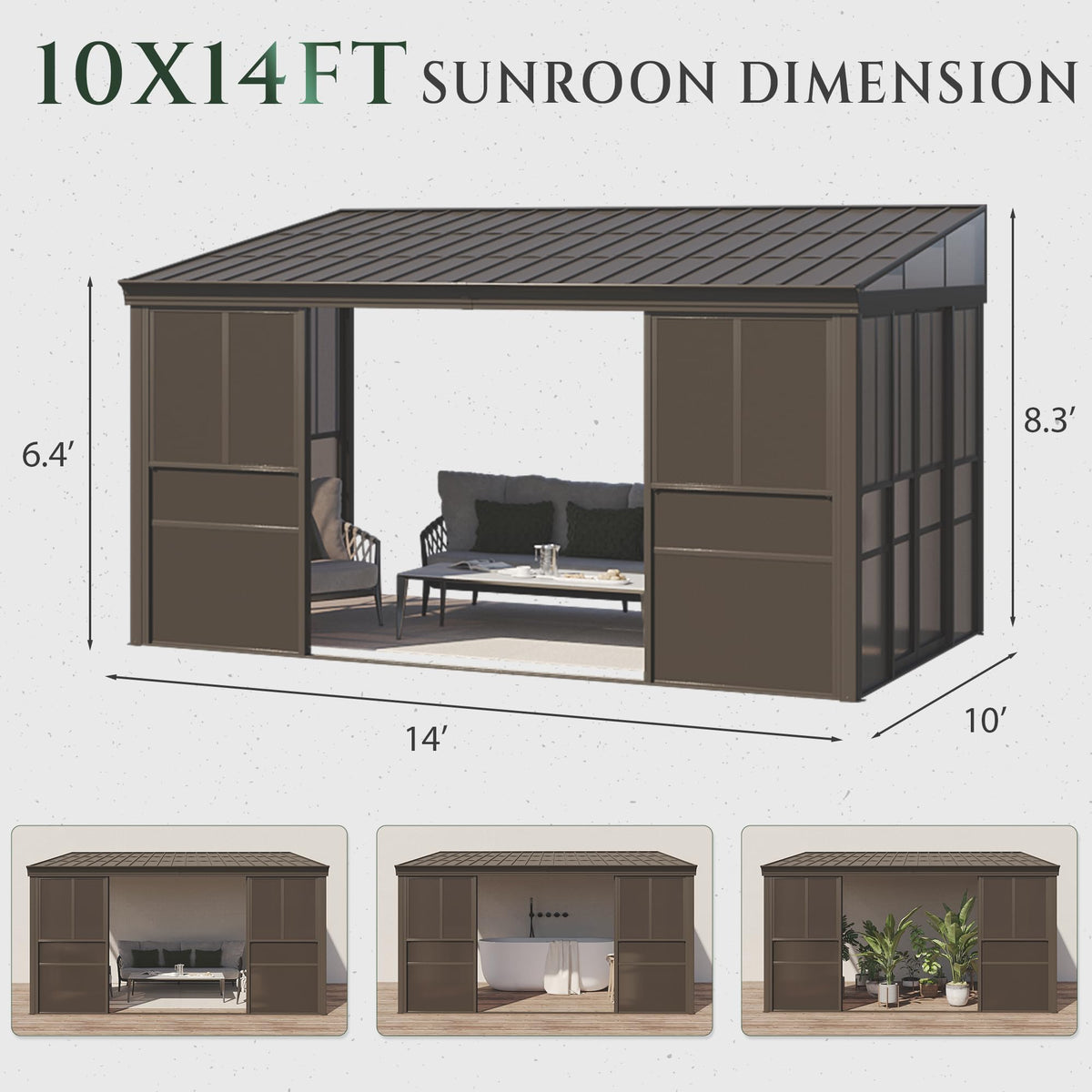 EROMMY 10 x 14FT Wall-Mounted Sunroom with Removable 3-Sided Doors & Aluminum Frame, All-Weather Sun Room with Galvanized Steel Roof, 6mm Thickened PC Screen