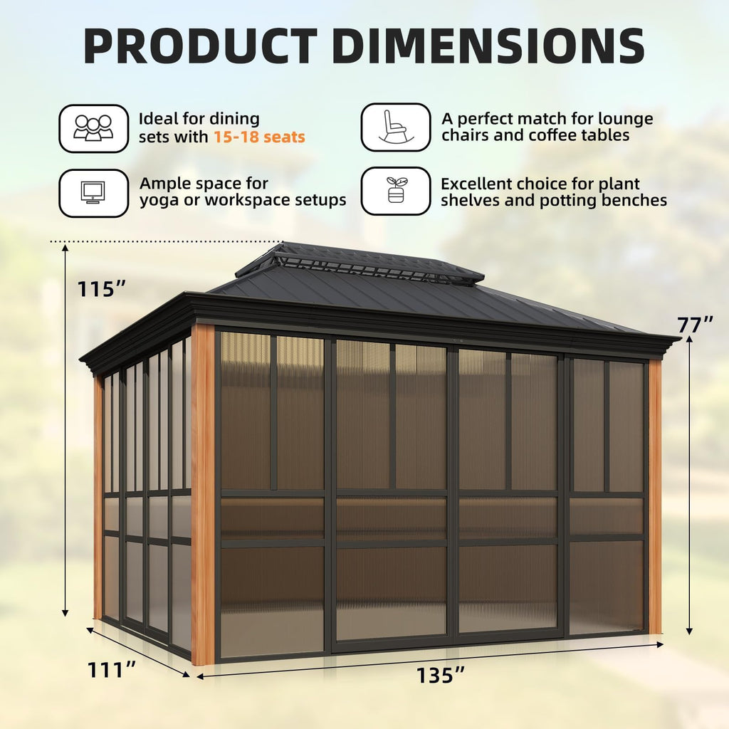 EROMMY 10'*12' Sunroom, with Front Door, Side Entrance, Galvanized Steel Double Top, Wood Grain Appearance, Aluminum Alloy Frame, Solarium Backyard Sun Room