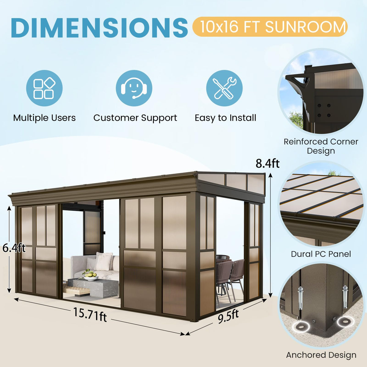 EROMMY 10x16 Lean-to Sunroom Gazebo, Enclosed Patio Shelter with Sliding Doors, Polycarbonate Roof and Brown-Tinted Panels, Aluminum Frame for Backyard