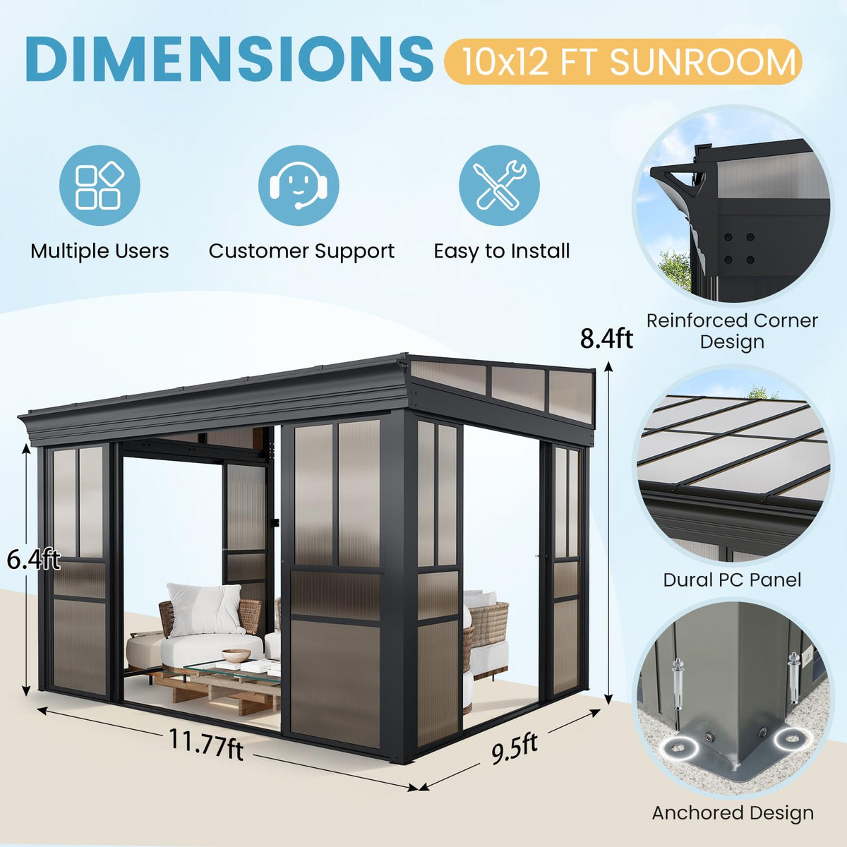 EROMMY 10x12 Lean-to Sunroom Gazebo, Enclosed Patio Shelter with Sliding Doors, Polycarbonate Roof and Gray-Tinted Panels, Aluminum Frame for Backyard