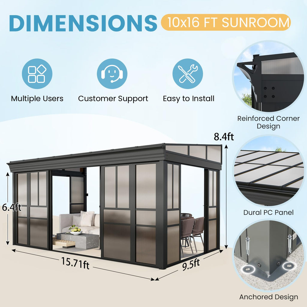 EROMMY 10x16 Lean-to Sunroom Gazebo, Enclosed Patio Shelter with Sliding Doors, Polycarbonate Roof and Gray-Tinted Panels, Aluminum Frame for Backyard
