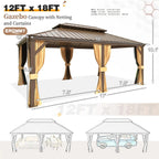 EROMMY 12' x 18' Gazebo with Water Gutter Double Hardtop Roof Galvanized Steel Pavilion Aluminum Frame Permanent Brown