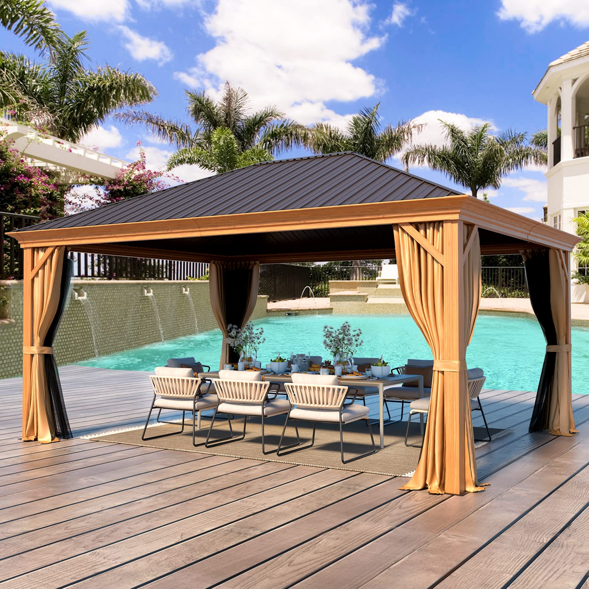 EROMMY 12' x 16' Gazebo Hard-Top Single Roof Canopy Outdoor,Wood Grain Permanent Aluminum Gazebo, for Gardens, Decks, Patios, Parties