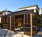 EROMMY 12'*20' Sunroom, with Front Door, Side Entrance, Galvanized Steel Double Top, Wood Grain Appearance, Aluminum Alloy Frame, Solarium Backyard Sun Room