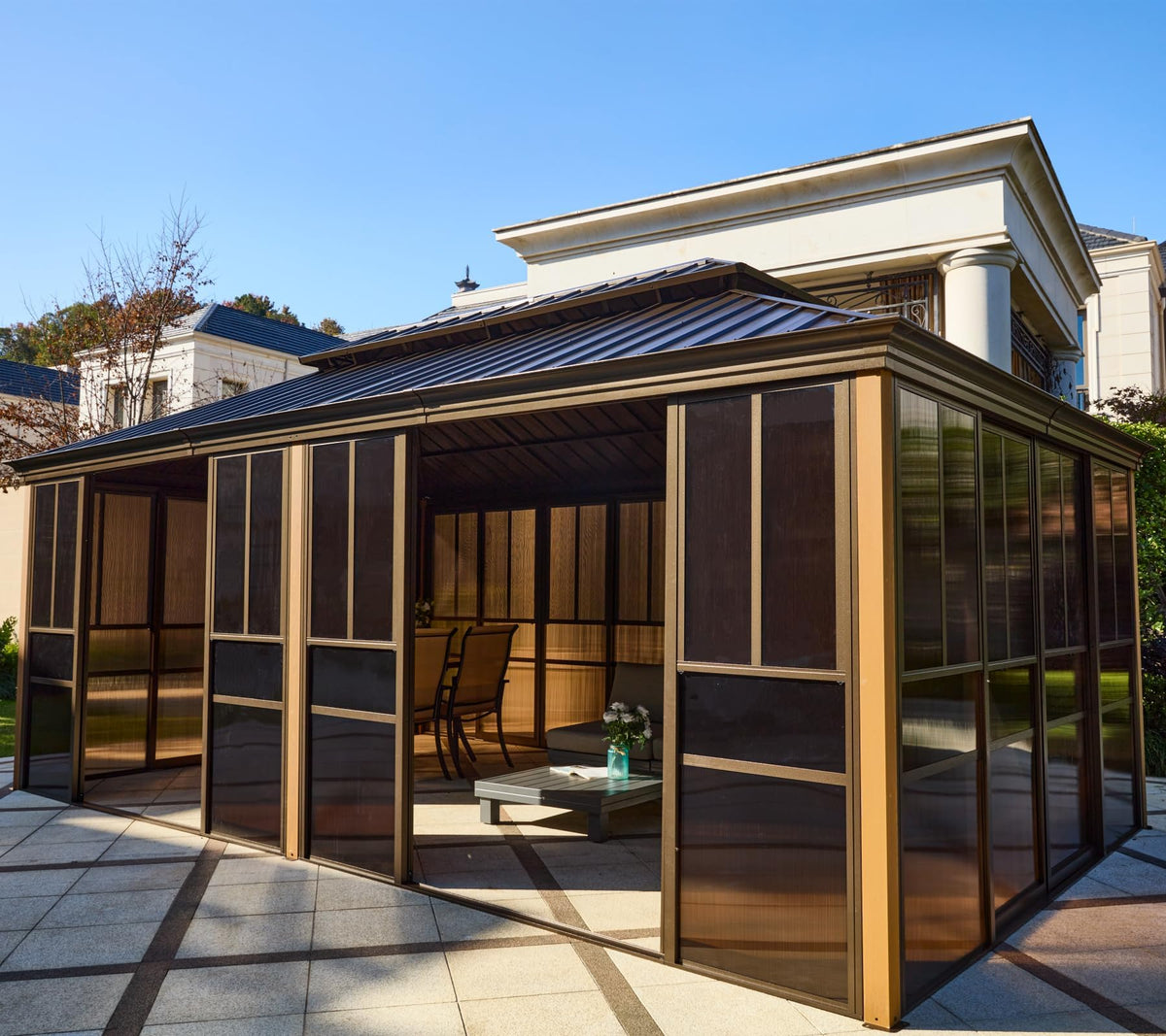 EROMMY 12'*20' Sunroom, with Front Door, Side Entrance, Galvanized Steel Double Top, Wood Grain Appearance, Aluminum Alloy Frame, Solarium Backyard Sun Room