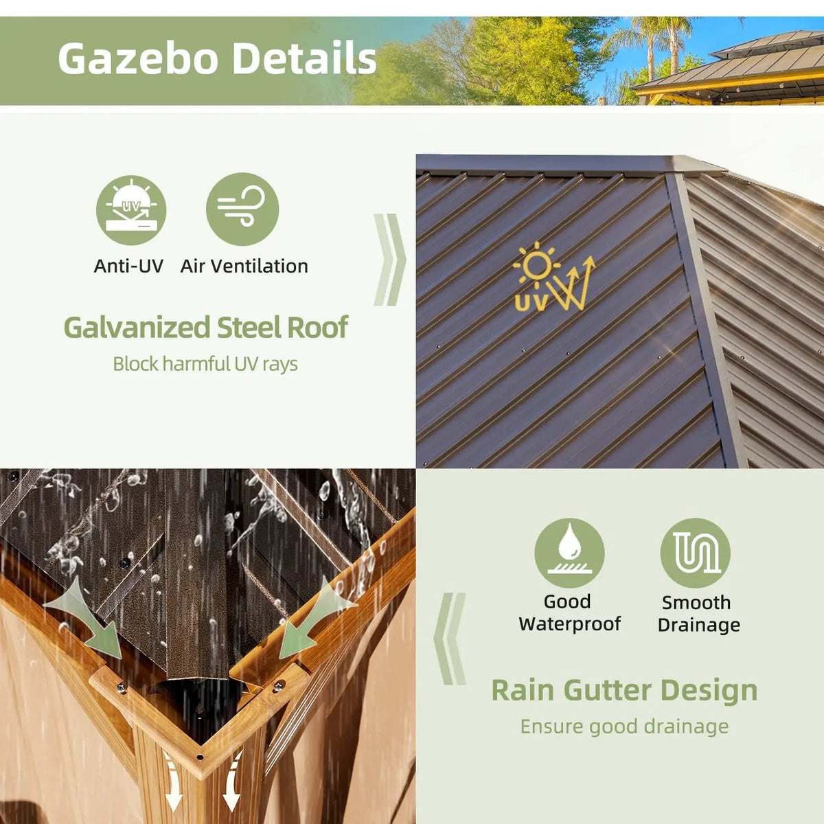 EROMMY 12' x 16' Hardtop Gazebo, Galvanized Steel Metal Single Roof Aluminum Gazebo with Curtain and Netting, Brown Permanent Pavilion
