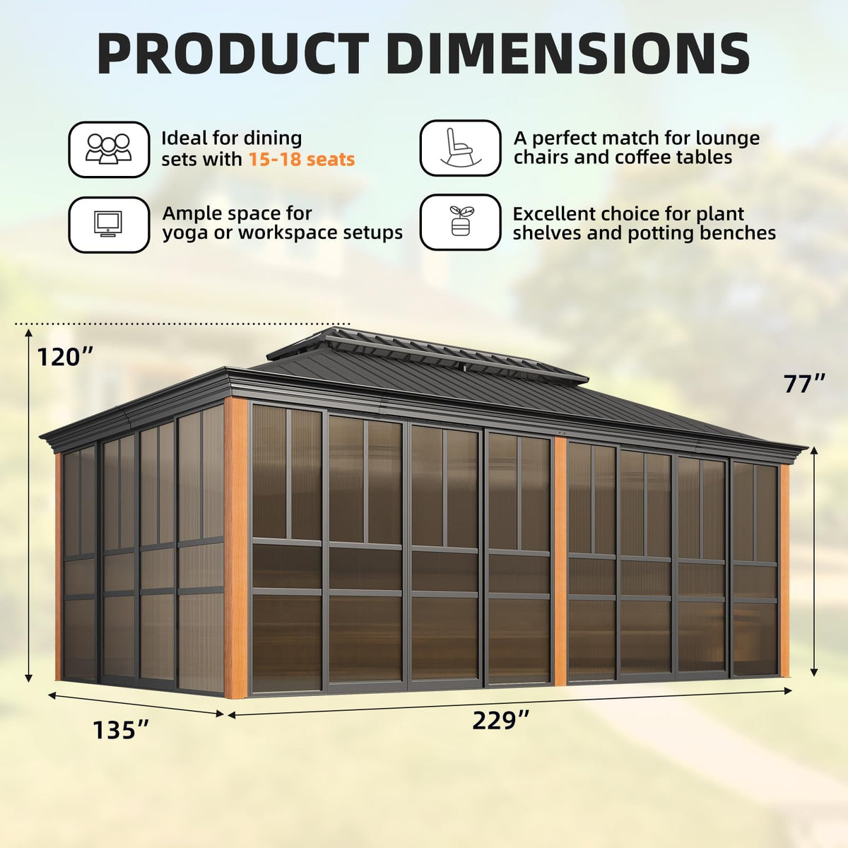 EROMMY 12'*20' Sunroom, with Front Door, Side Entrance, Galvanized Steel Double Top, Wood Grain Appearance, Aluminum Alloy Frame, Solarium Backyard Sun Room
