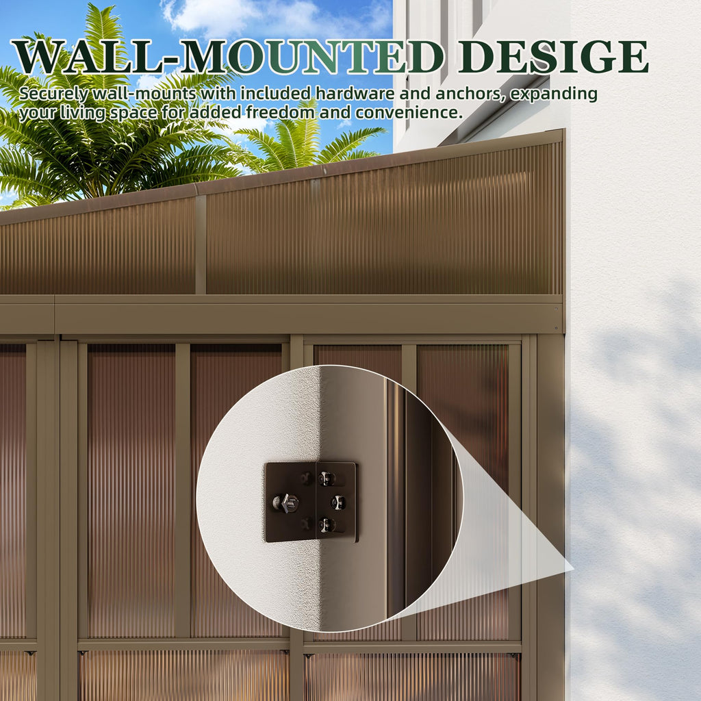 EROMMY 10 x 14FT Wall-Mounted Sunroom with Removable 3-Sided Doors & Aluminum Frame, All-Weather Sun Room with Galvanized Steel Roof, 6mm Thickened PC Screen