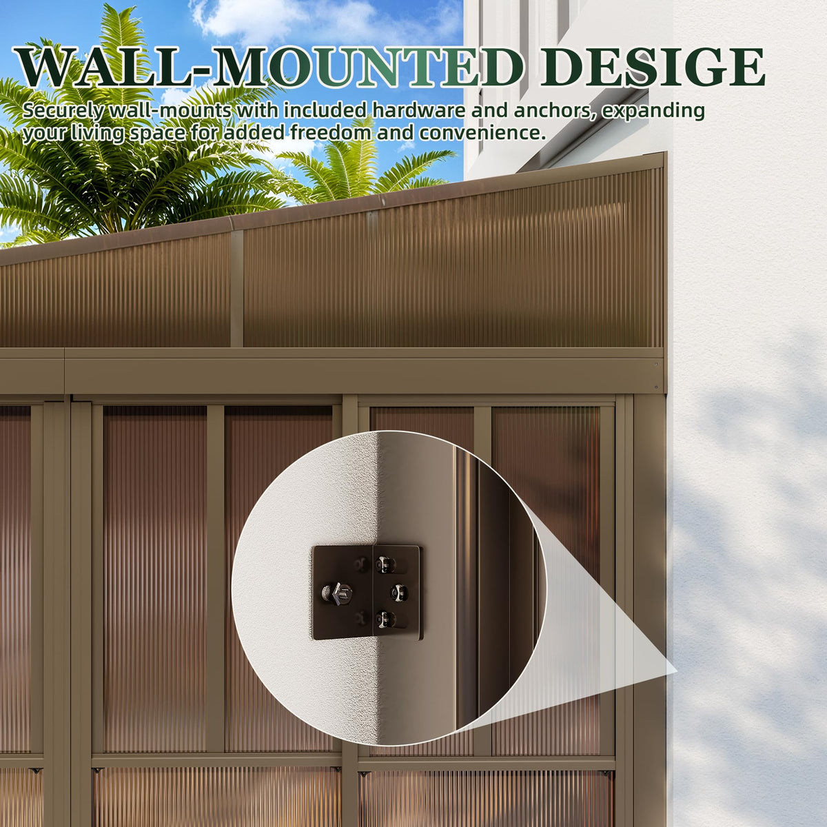 EROMMY 10 x 14FT Wall-Mounted Sunroom with Removable 3-Sided Doors & Aluminum Frame, All-Weather Sun Room with Galvanized Steel Roof, 6mm Thickened PC Screen