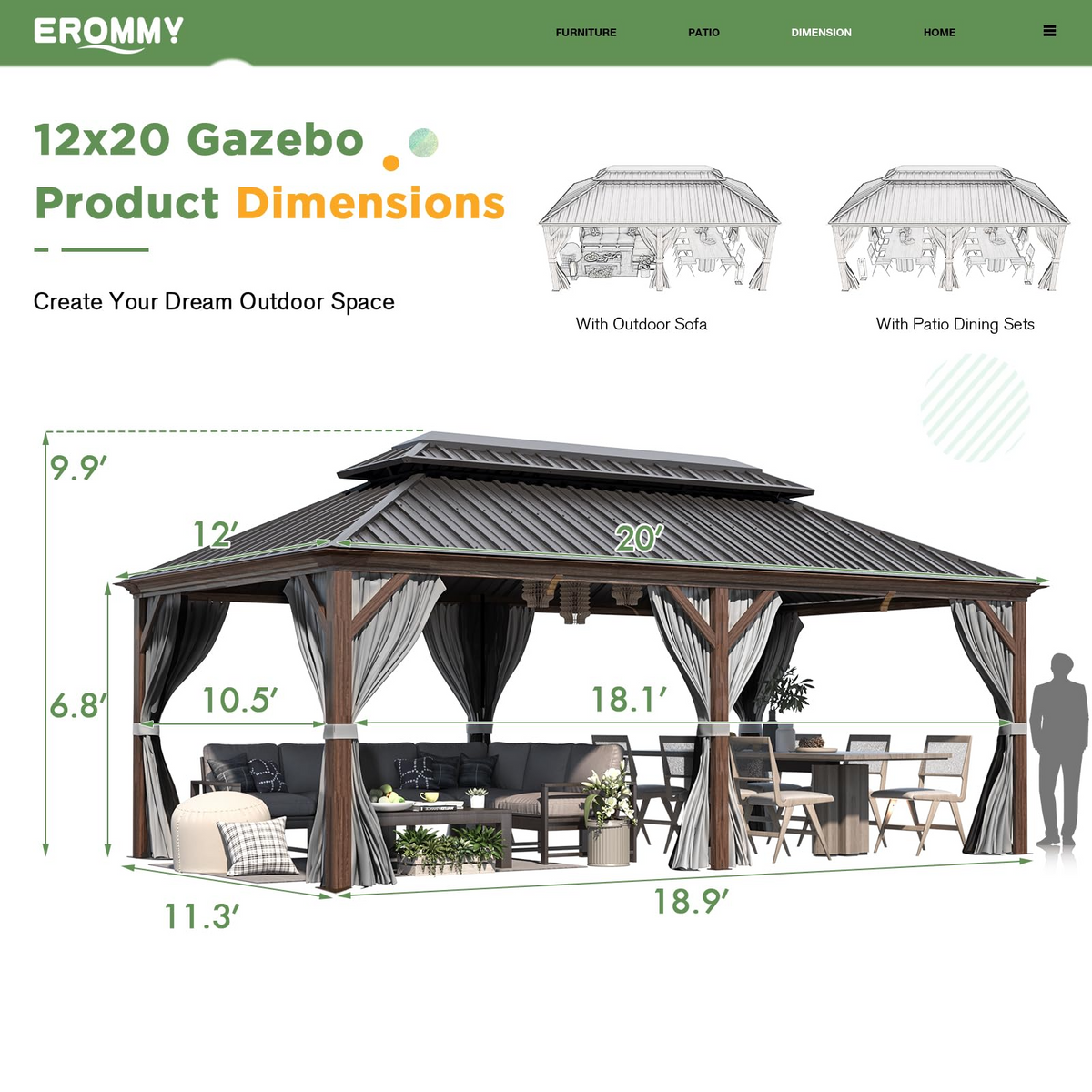 EROMMY 12' X 20' All Weather Gazebo with Sides and Hardtop