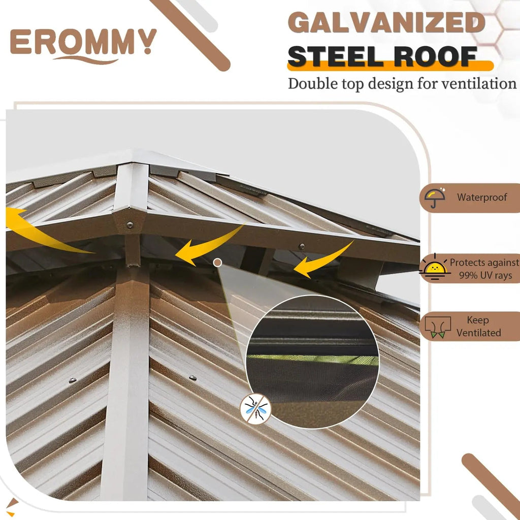 EROMMY 12' x 18' Gazebo with Water Gutter Double Hardtop Roof Galvanized Steel Pavilion Aluminum Frame Permanent Brown