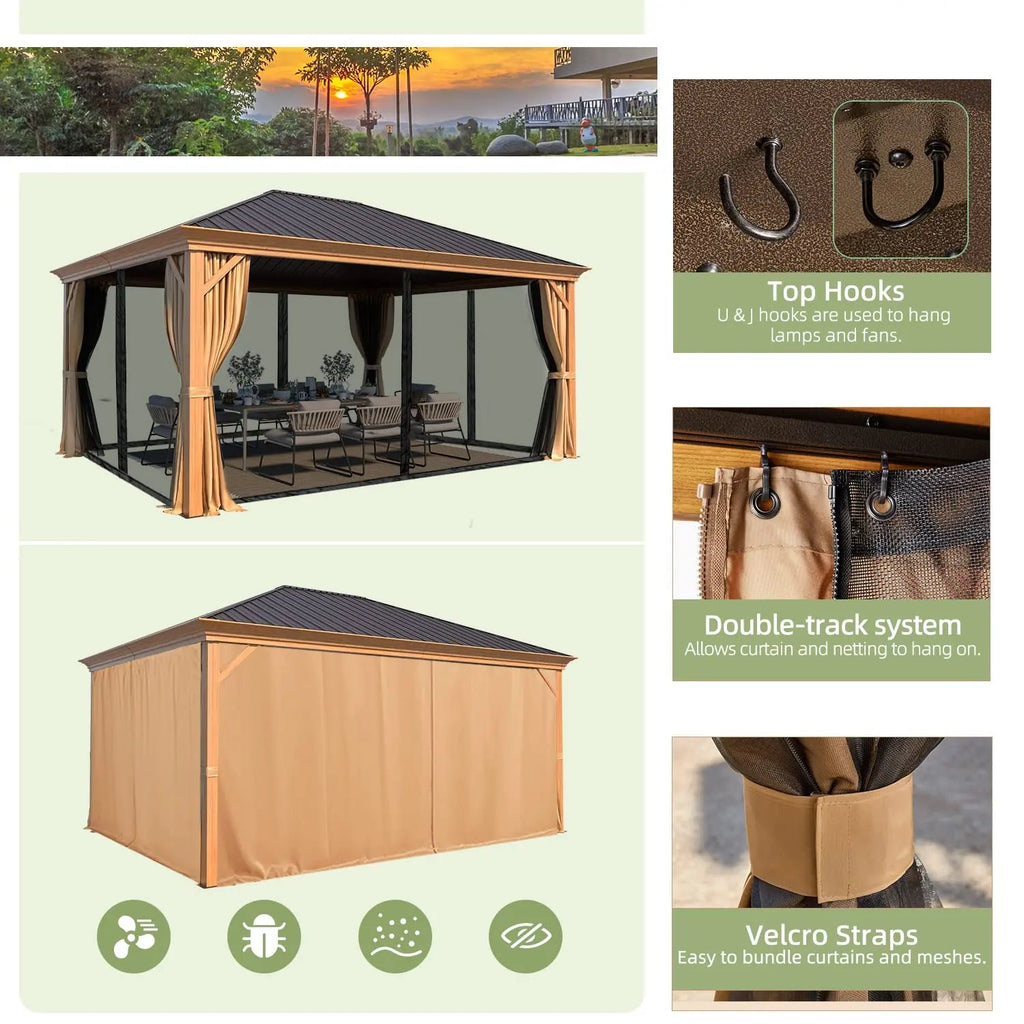 EROMMY 12' x 16' Hardtop Gazebo, Galvanized Steel Metal Single Roof Aluminum Gazebo with Curtain and Netting, Brown Permanent Pavilion