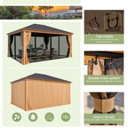 EROMMY 12' x 16' Hardtop Gazebo, Galvanized Steel Metal Single Roof Aluminum Gazebo with Curtain and Netting, Brown Permanent Pavilion