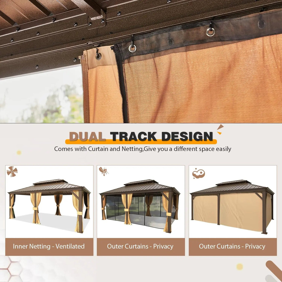 EROMMY 12' x 18' Gazebo with Water Gutter Double Hardtop Roof Galvanized Steel Pavilion Aluminum Frame Permanent Brown