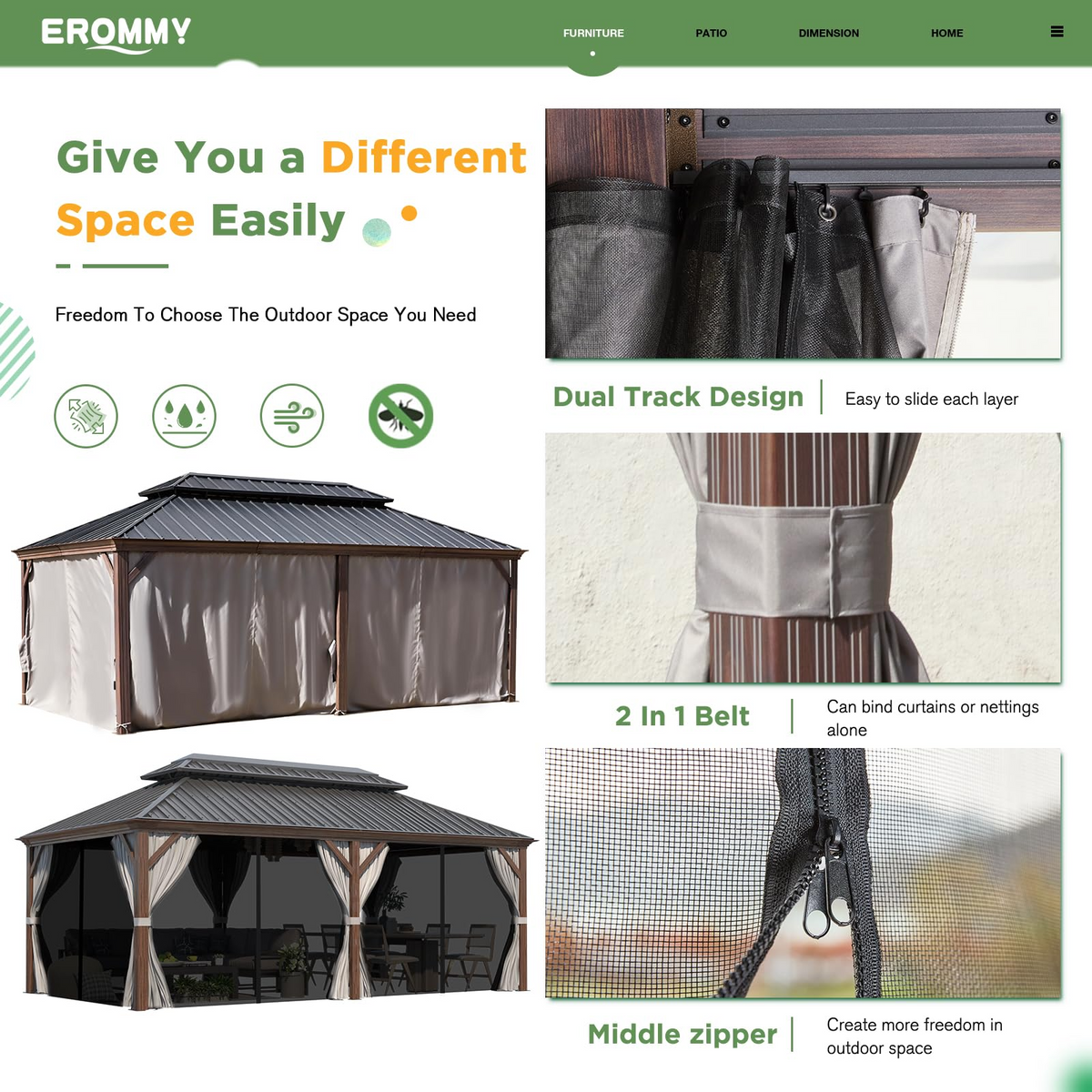EROMMY 12' X 20' All Weather Gazebo with Sides and Hardtop