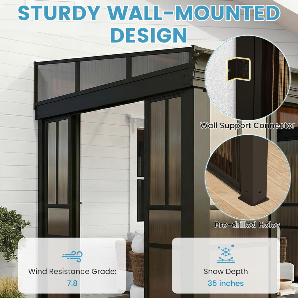 EROMMY 10x12 Lean-to Sunroom Gazebo, Enclosed Patio Shelter with Sliding Doors, Polycarbonate Roof and Brown-Tinted Panels, Aluminum Frame for Backyard