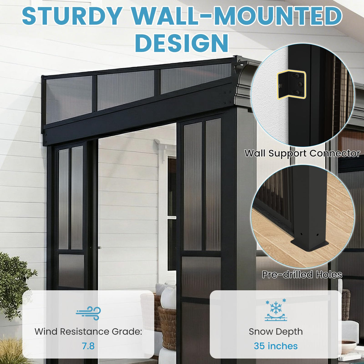 EROMMY 10x12 Lean-to Sunroom Gazebo, Enclosed Patio Shelter with Sliding Doors, Polycarbonate Roof and Gray-Tinted Panels, Aluminum Frame for Backyard