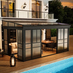 EROMMY 10x16 Lean-to Sunroom Gazebo, Enclosed Patio Shelter with Sliding Doors, Polycarbonate Roof and Gray-Tinted Panels, Aluminum Frame for Backyard