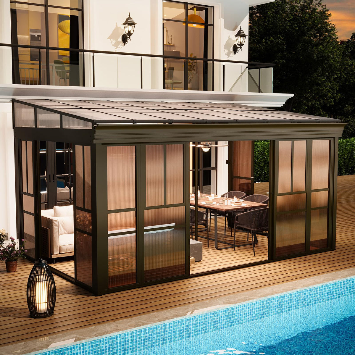 EROMMY 10x16 Lean-to Sunroom Gazebo, Enclosed Patio Shelter with Sliding Doors, Polycarbonate Roof and Brown-Tinted Panels, Aluminum Frame for Backyard