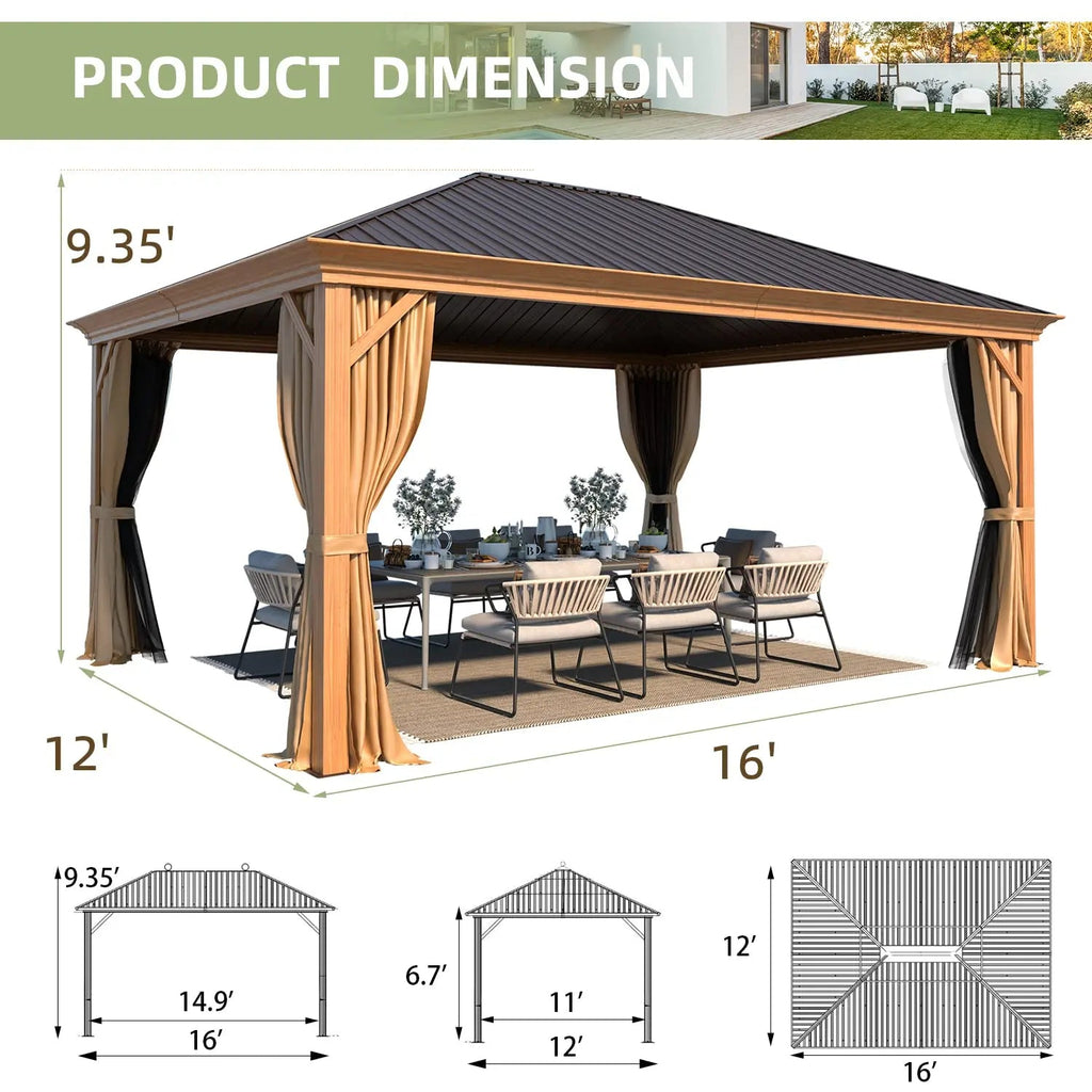 EROMMY 12' x 16' Hardtop Gazebo, Galvanized Steel Metal Single Roof Aluminum Gazebo with Curtain and Netting, Brown Permanent Pavilion
