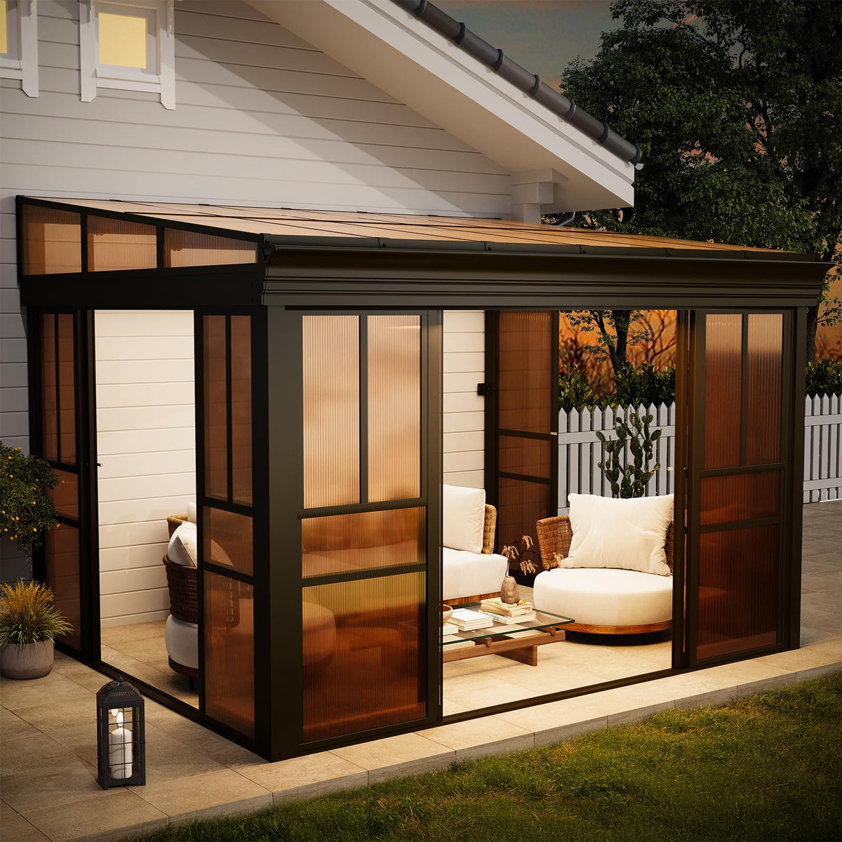 EROMMY 10x12 Lean-to Sunroom Gazebo, Enclosed Patio Shelter with Sliding Doors, Polycarbonate Roof and Brown-Tinted Panels, Aluminum Frame for Backyard