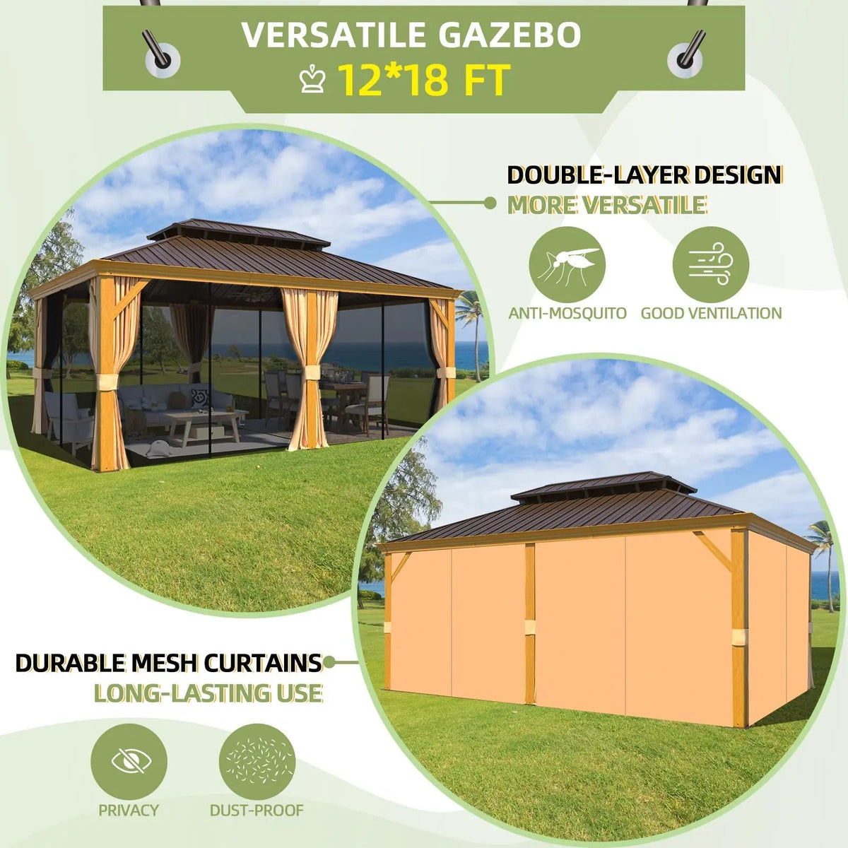 EROMMY 12X18 Gazebo with Double Galvanized Steel Roof