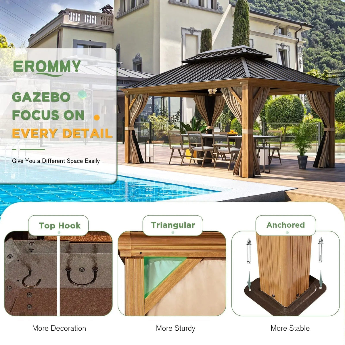 EROMMY 12X14 Grill Gazebo with Galvanized Hardtop Roof