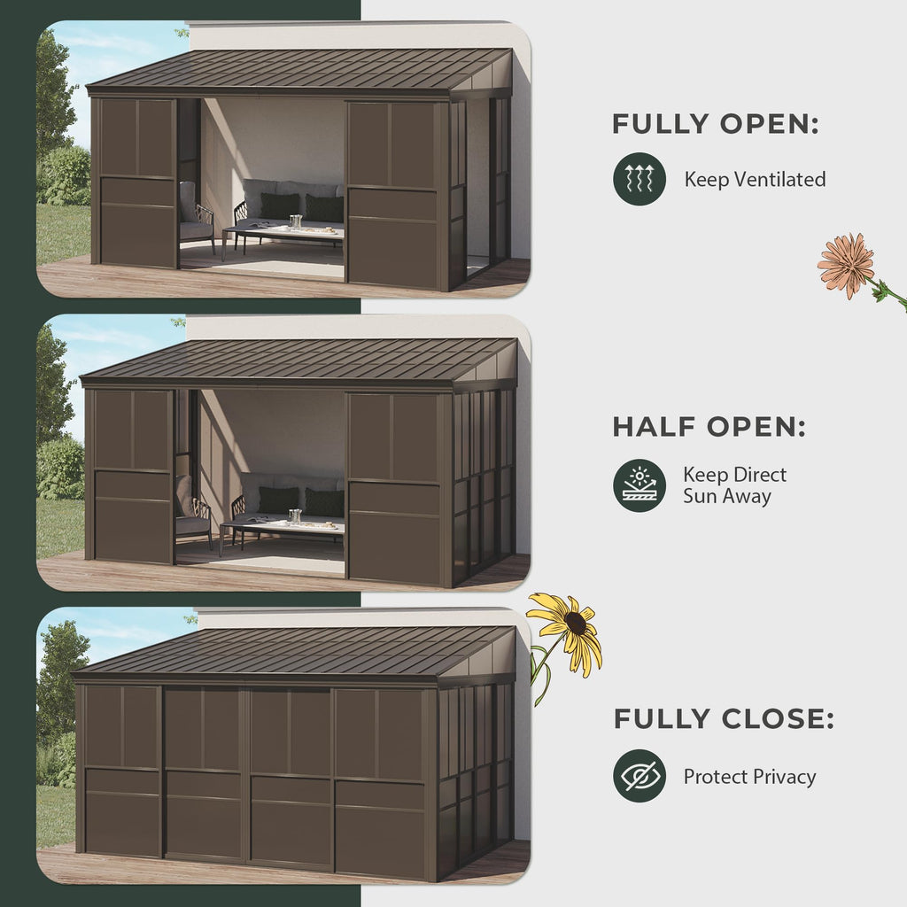 EROMMY 10 x 14FT Wall-Mounted Sunroom with Removable 3-Sided Doors & Aluminum Frame, All-Weather Sun Room with Galvanized Steel Roof, 6mm Thickened PC Screen