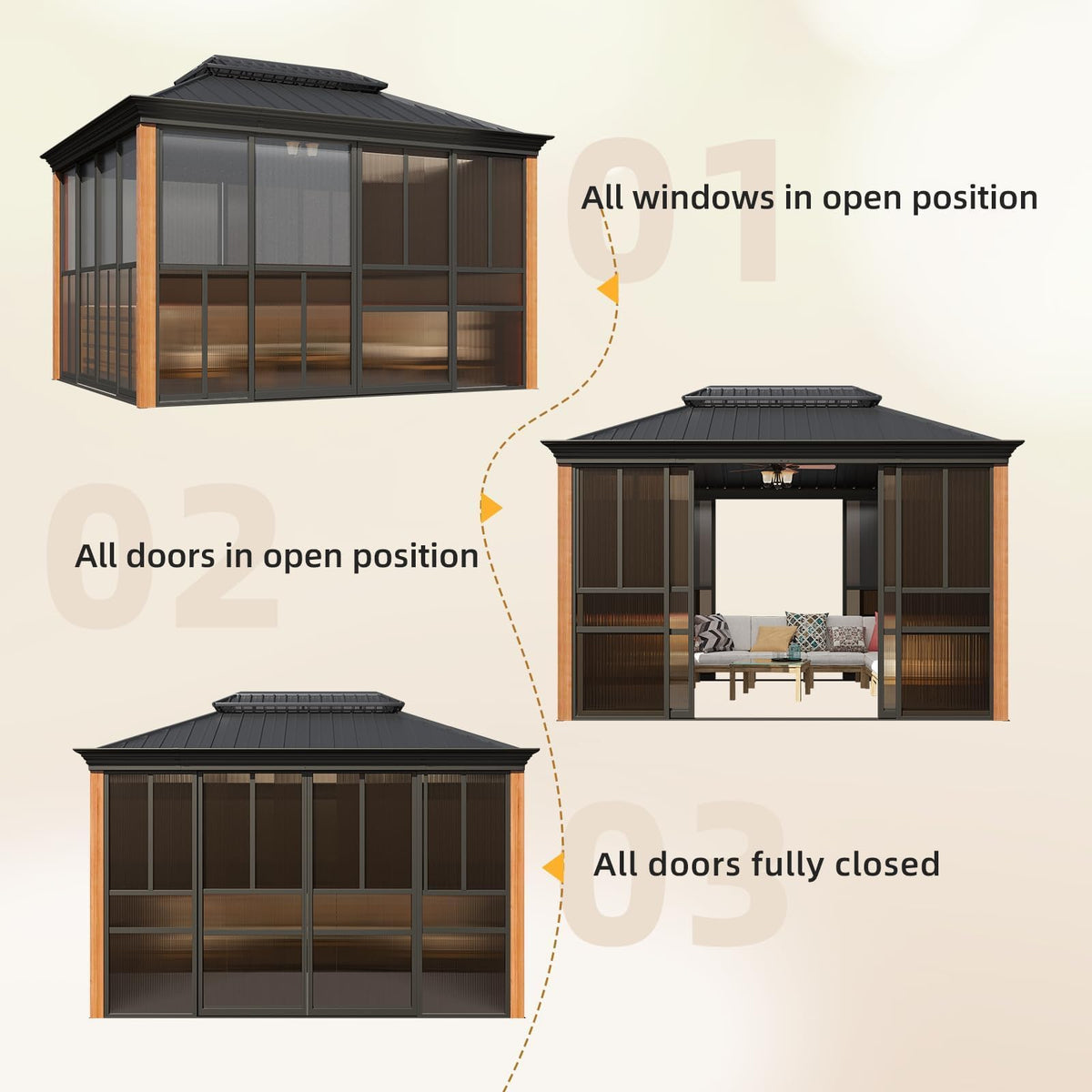 EROMMY 10'*12' Sunroom, with Front Door, Side Entrance, Galvanized Steel Double Top, Wood Grain Appearance, Aluminum Alloy Frame, Solarium Backyard Sun Room