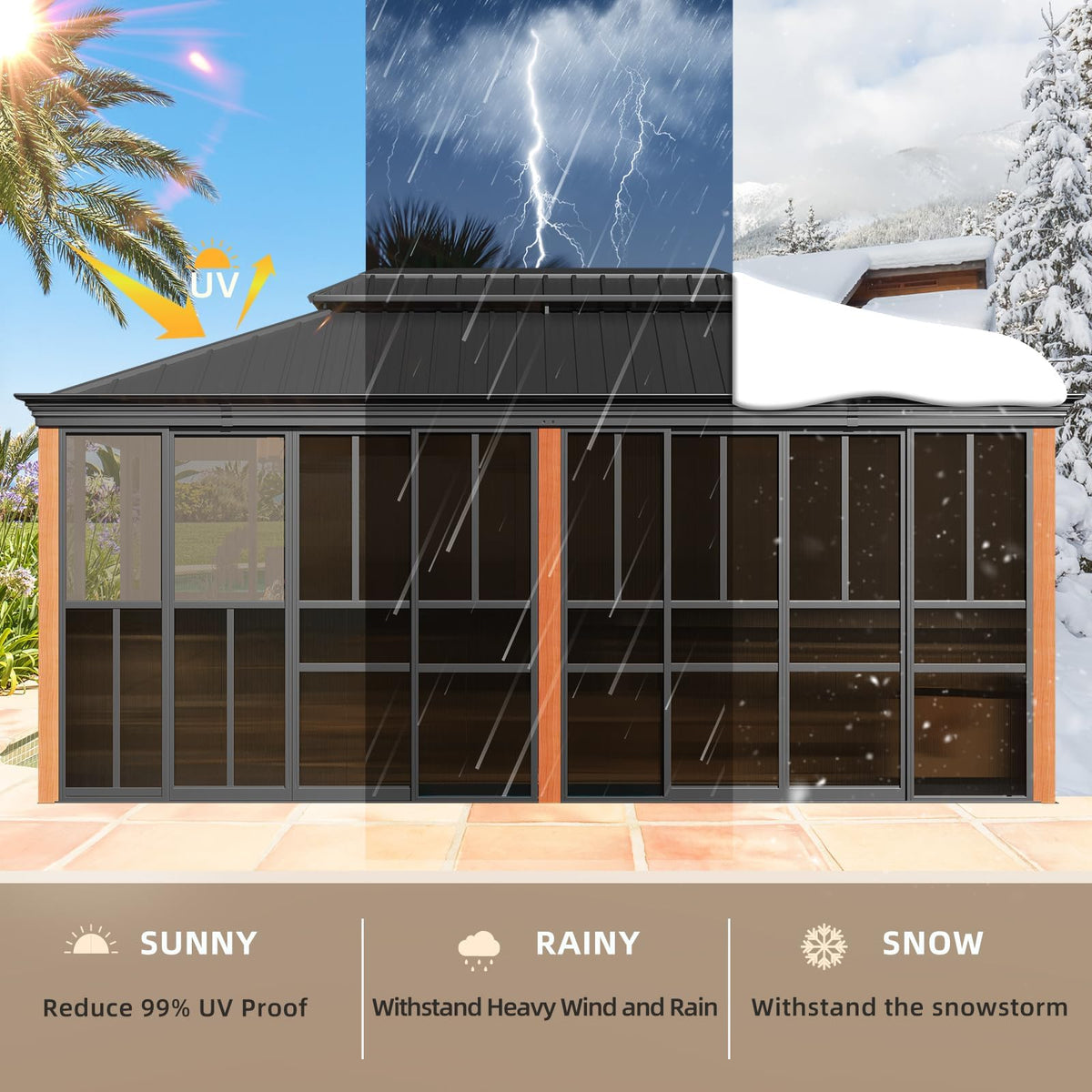 EROMMY 12'*20' Sunroom, with Front Door, Side Entrance, Galvanized Steel Double Top, Wood Grain Appearance, Aluminum Alloy Frame, Solarium Backyard Sun Room
