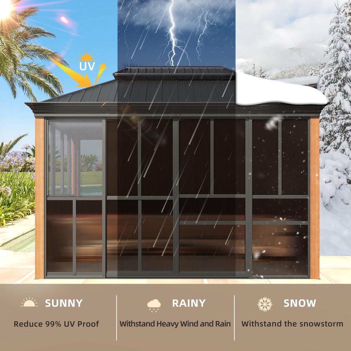 EROMMY 10'*12' Sunroom, with Front Door, Side Entrance, Galvanized Steel Double Top, Wood Grain Appearance, Aluminum Alloy Frame, Solarium Backyard Sun Room