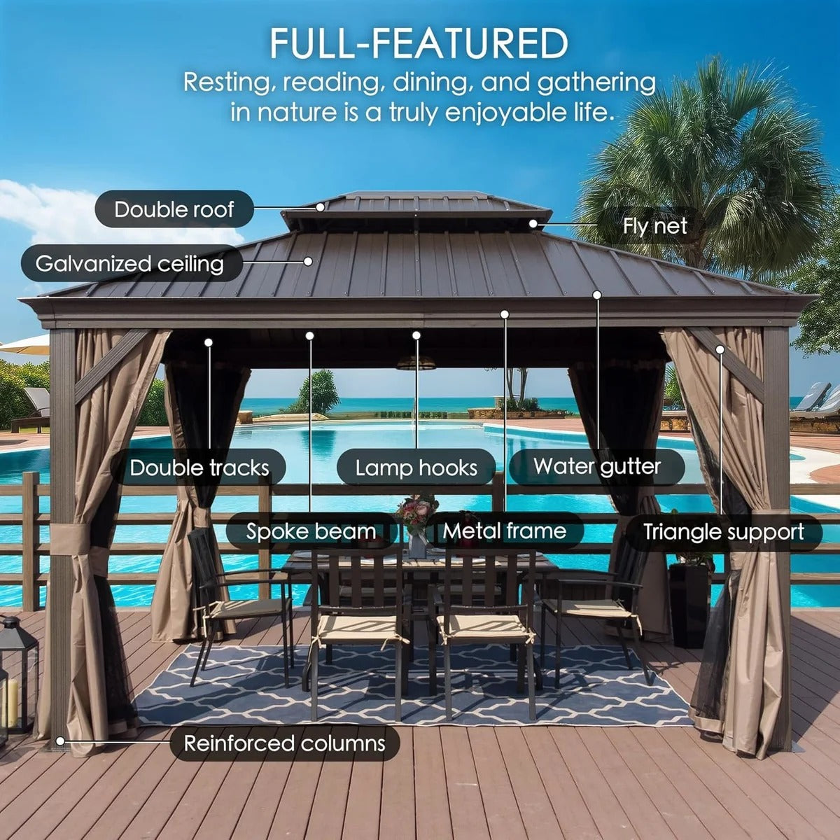 Alexander 10' X 12' Hardtop Gazebo, Aluminum Frame with Galvanized Steel Double Roof, Outdoor Permanent Pavilion with Curtains and Netting for Patio, Backyard, Deck, Lawn(Brown)