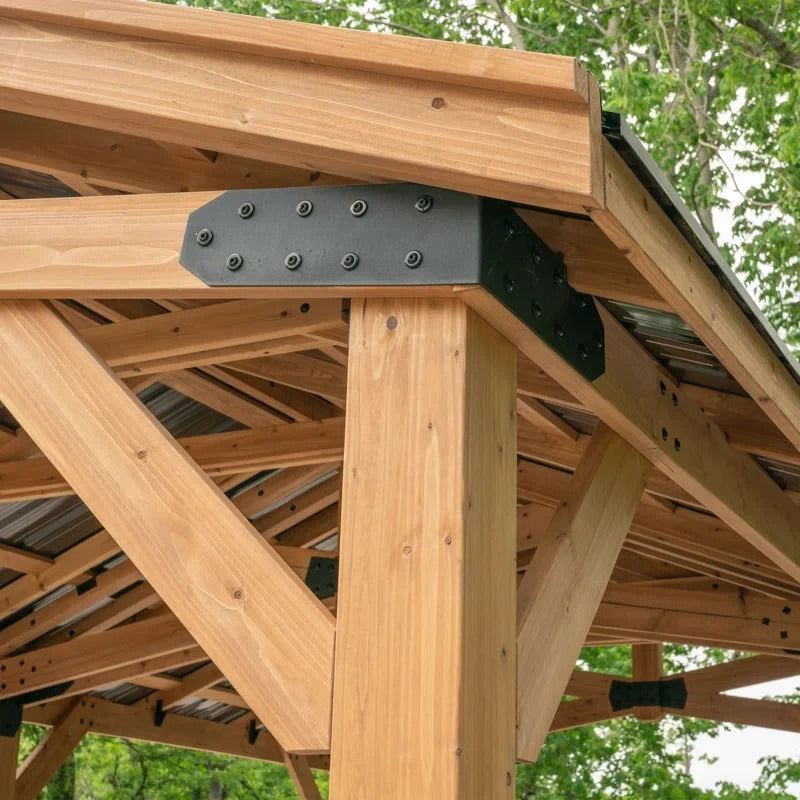 Norwood 24' X 12' Cedar Wood Outdoor Patio Gazebo with Hardtop Galvanized Steel Peak Roof and Powerport