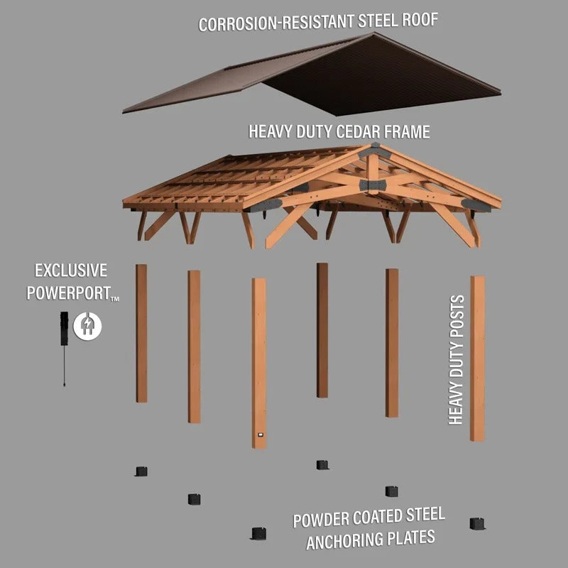 Norwood 24' X 12' Cedar Wood Outdoor Patio Gazebo with Hardtop Galvanized Steel Peak Roof and Powerport
